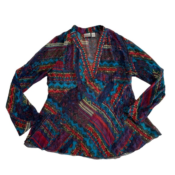 Chico’s Silk Multicolored Long Sleeve V-neck Top Size 3 - Picture 5 of 17